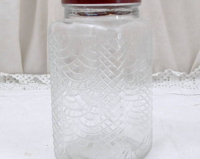 Square Vintage Art Deco Design Pattern Glass Jar with Bakelite Lid from France, French, Retro, Kitchen, 1930, Transparent, Glassware, Home