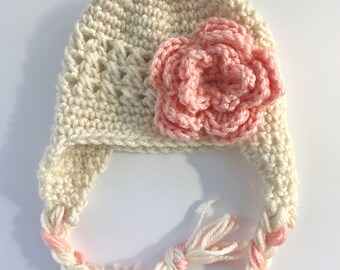 Newborn baby hat, newborn earflap hat, baby girl hat, crochet baby hat, crochet hat with flower, 0-3 month baby hat