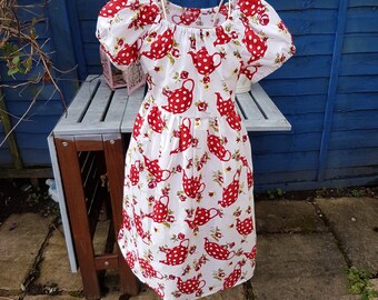 Summer Dress, White & Red Teapots - Handmade