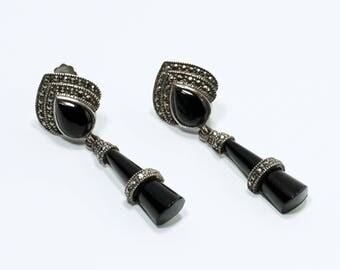 Black Onyx Earrings, Marcasite Earrings, Sterling Silver Earrings, Silver Drop Earrings, Art Deco Marcasite Earrings, Vintage Onyx Earrings