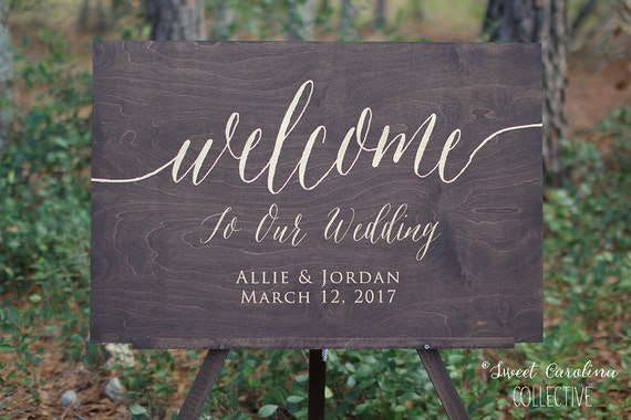 Custom Rustic Wedding Welcome Sign with Gold Writing Writing