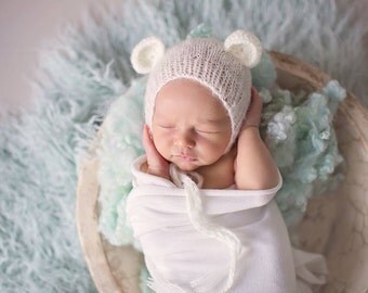 Newborn Bear Hat, Ivory White Mohair Newborn Bear Hat, White Mohair Bear Bonnet, Newborn Photo Prop Hat