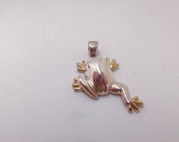 Sterling Frog Pendant, Silver Frog with Gold Wash Feet, Vintage Frog Jewelry