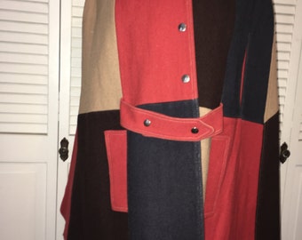 Vintage 1960s multicolor cape coat wool/brown/red/blue/tan