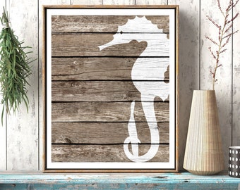 Seahorse Wall Decor Art - Beach Wall Art, Rustic Nautical Wall decor, Sea Life art Nautical Nursery Art Nautical Bathroom Decor, Coastal Art