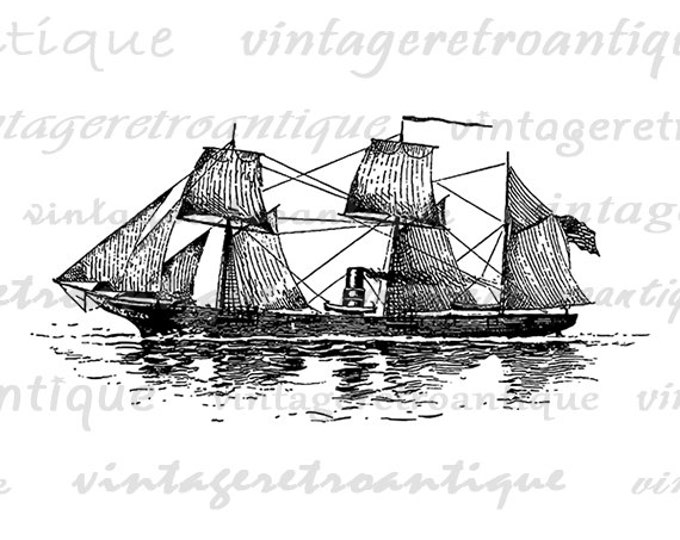 Printable Digital Antique Ship Boat Image Illustration Download Graphic Vintage Clip Art Jpg Png Eps HQ 300dpi No.3402