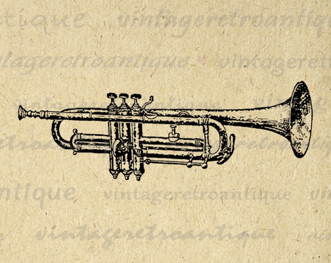 Trumpet Digital Graphic Printable Antique Illustration Image Download Vintage Clip Art Jpg Png Eps HQ 300dpi No.1239