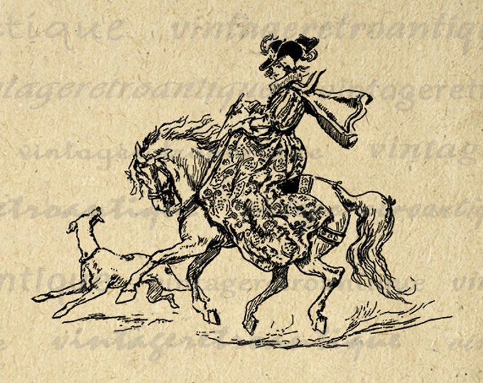 Printable Woman Riding Horse Graphic Digital Illustration Download Image Antique Clip Art for Transfers etc HQ 300dpi No.3234