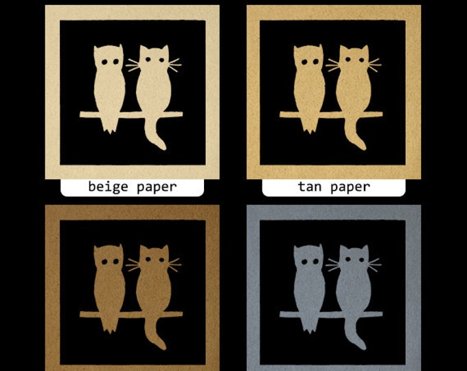 Printable Graphic Owl and Cat Silhouette Digital Cut Out Square Download Image Vintage Clip Art Jpg Png Eps HQ 300dpi No.3289