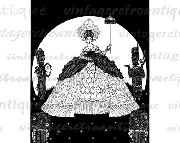 Woman with Elegant Gown Dress Printable Image Download Classic Digital Illustration Graphic Vintage Clip Art HQ 300dpi No.3823