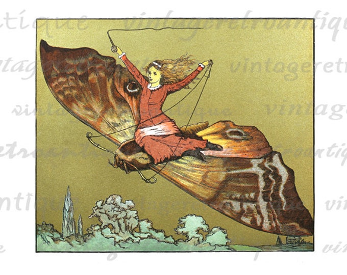 Digital Image Girl Flying on Butterfly Printable Color Illustration Download Graphic Vintage Clip Art HQ 300dpi No.3865