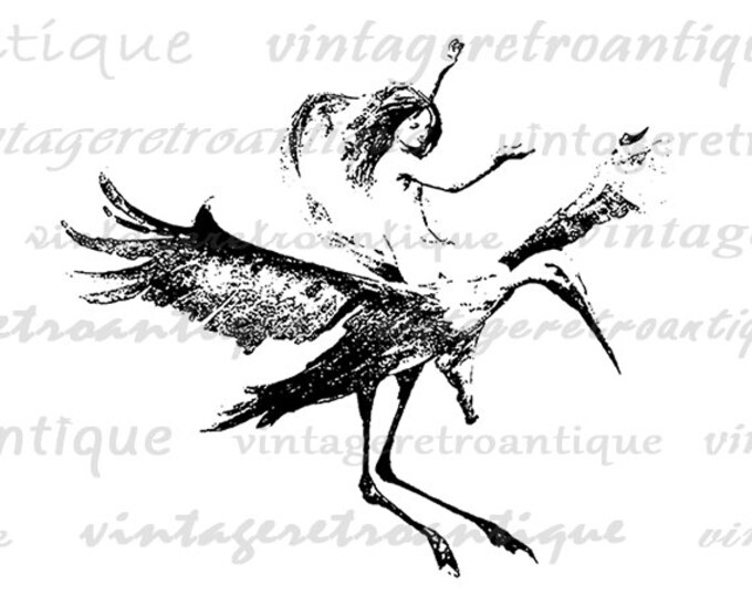 Printable Angel Riding Bird Digital Image Download Graphic Vintage Clip Art Jpg Png Eps HQ 300dpi No.352