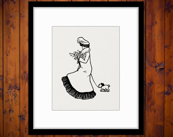 Printable Graphic Lady Walking Little Dog Digital Woman Image Download Vintage Clip Art for Transfers etc HQ 300dpi No.3189