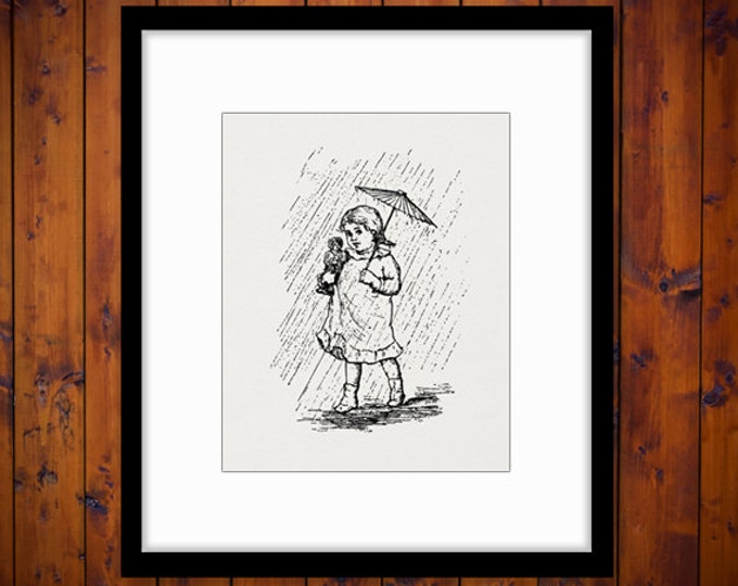 Digital Little Girl with Umbrella in Rain Graphic Printable Illustrated Image Download Antique Clip Art Jpg Png Eps HQ 300dpi No.3062