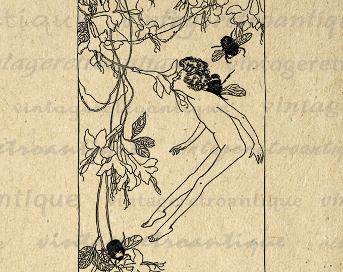 Fairy with Bees Digital Image Download Printable Graphic Vintage Clip Art Jpg Png Eps HQ No.2942