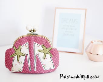 High heels Purse Kiss Lock Clutch Purse, Change Purse, Square Fabric, Metal Frame Purse, burgundy cotton Fabric