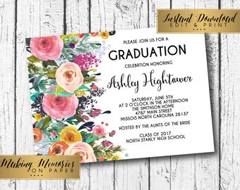 Floral graduation Invitation, Instant download, editable graduation,editable invitation,Floral Invitation, birthday, DIY, Flower Invite, SFC