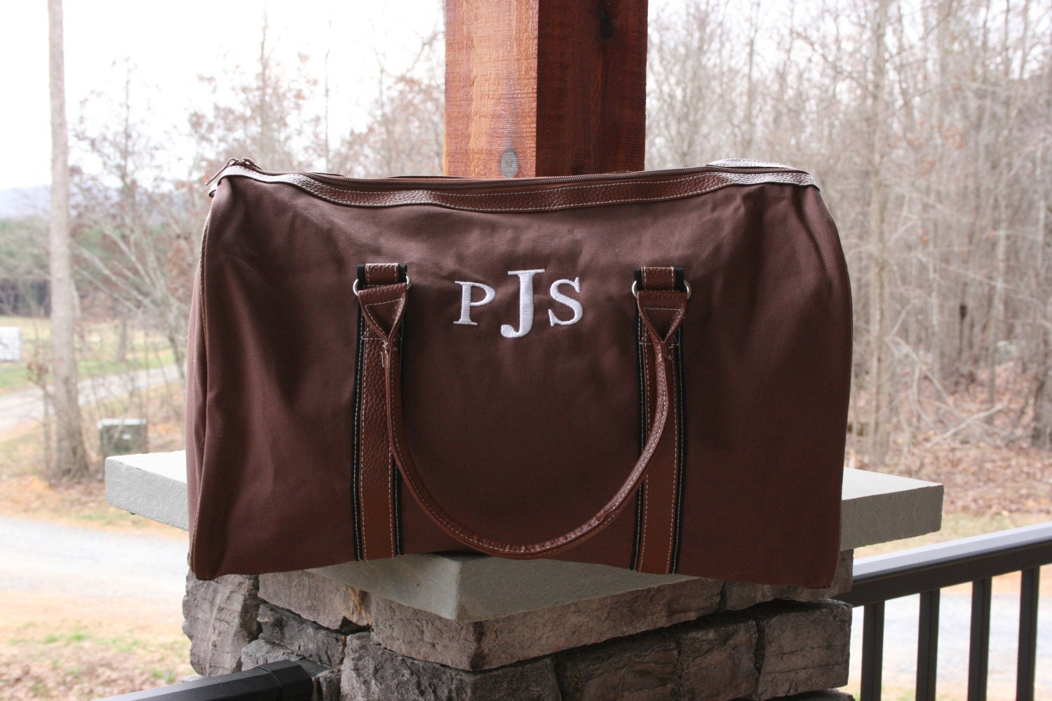 Monogrammed Mens Duffel Bag Personalized Brown Weekender Bag