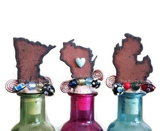 MINNESOTA WISCONSIN or MICHIGAN Rusty Rustic Rusted Metal Decorative Wine Bottle Cork Stopper Topper