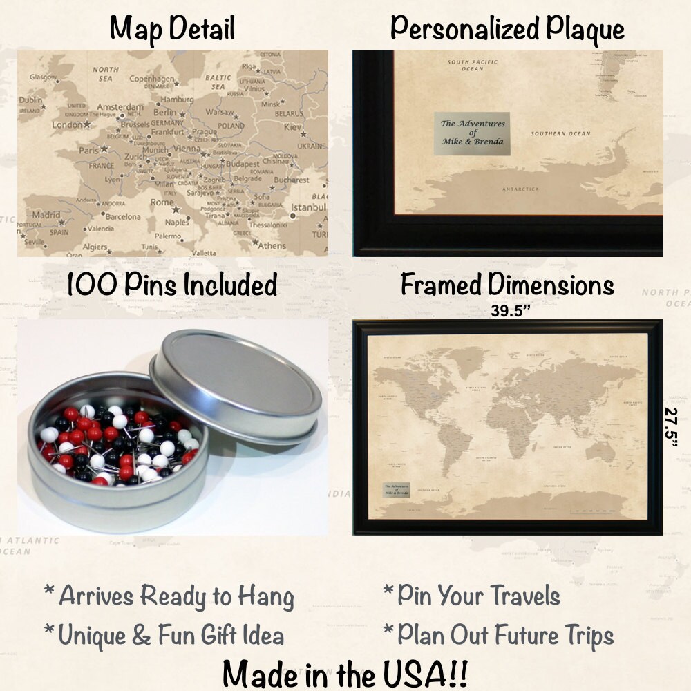 Personalized Vintage World Push Pin Travel Map Push Pin