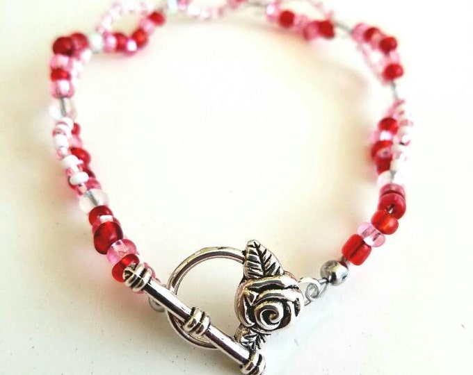 Pink Red White Opal Beaded Braided Rose Valentines Day Toggle Bracelet