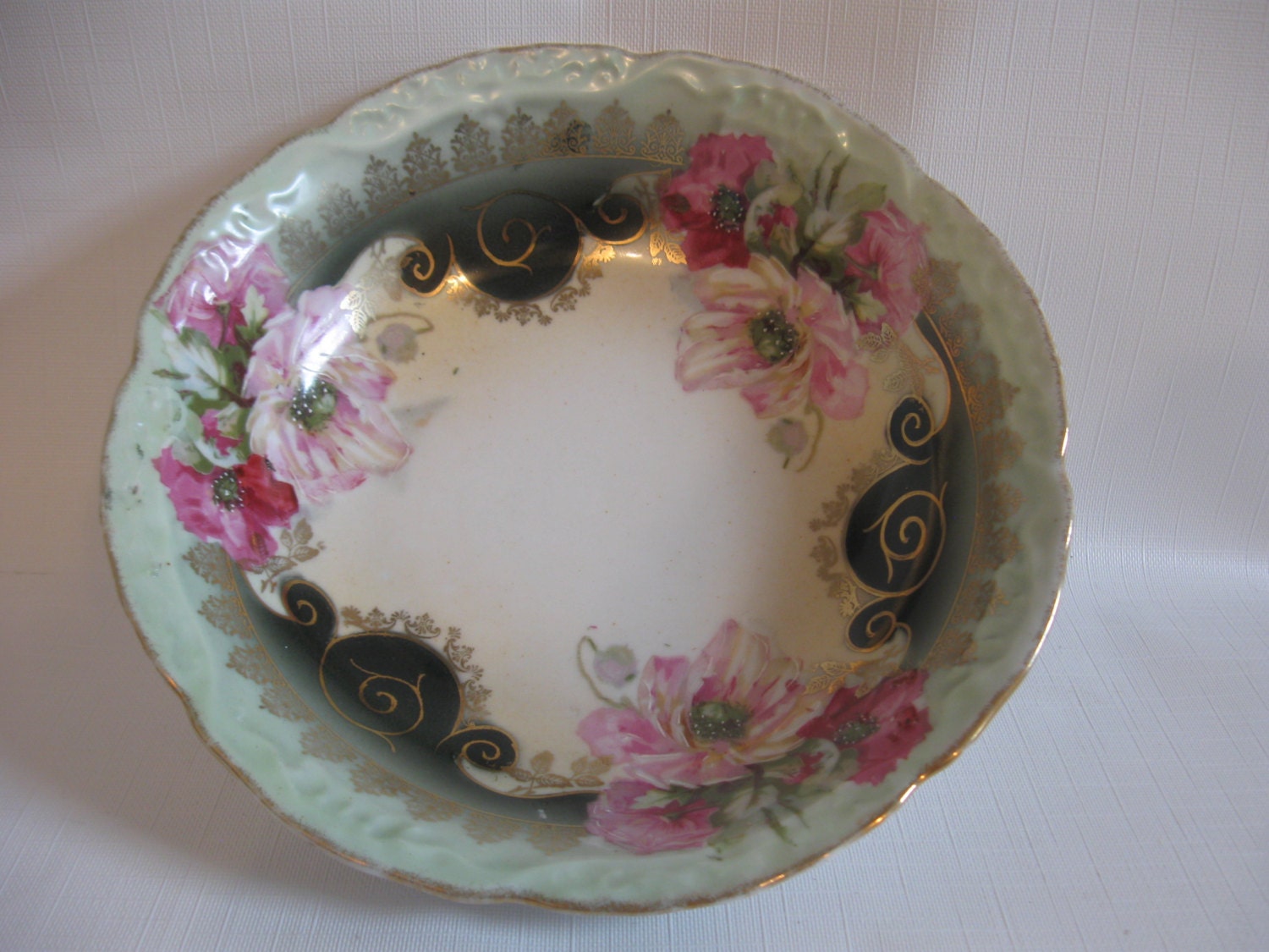 German or Bavarian China Hand Painted Bowl with Pink and Green