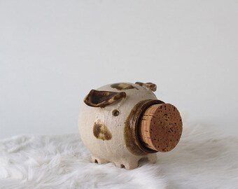 Artist Signed Stoneware Pottery Piggy Bank with Cork Nose