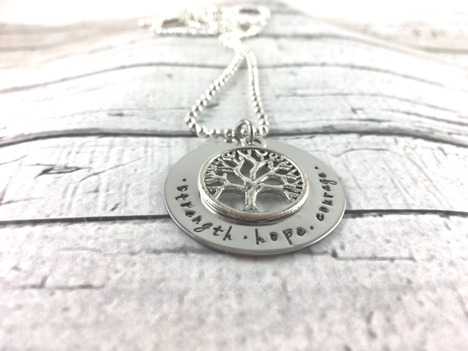 Strength hope courage hand stamped necklace