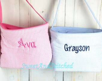 Monogrammed Easter baskets in pink, purple, and blue seersucker, seersucker easter baskets personalized, seersucker tote bags monogrammed
