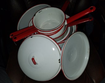 Vintage White & Red Enamelware Bowls/Pans