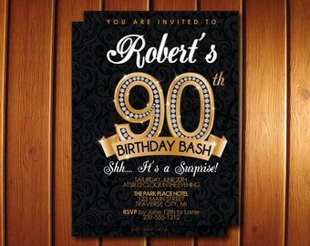 90th Birthday Invitation - Diamond Milestone Adult Birthday Party Invitation