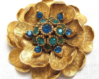 Signed Florenza Flower Brooch with Green Rhinestone Center