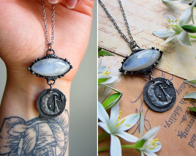 Necklace "Night" with rainbow moonstone, rustic pendant with goddess, stars & crescent. Custom length chain.
