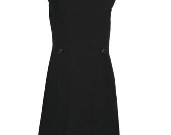 Vintage Chic 1960s French LBD Mod Black Wool Mini Dress Glass Button Trim 10