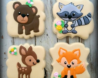 Woodland Decorated Cookies, Forest Animal Decorated Cookies, Birthday Cookies, Fox Cookies, Deer Cookies, Bear Cookies, Racoon Cookies