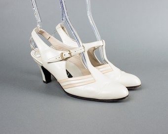 Vintage 1930s Style Shoes | 1980s Leather T-Strap Slingback Cream Flapper Heels (womens 8)