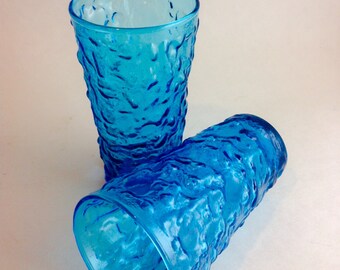 Set of 2 Vintage Crinkle Blue Driftwood Milano Bright and Bold Blue Glasses Water Iced Tea Glasses Bumpy Blue Glasses Retro Drinking Glasses