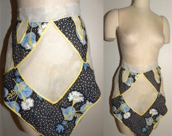 1940s 40s SHEER Organza Apron / blue trim Floral with pockets / Hostess / classic / unusual textile / kitchen