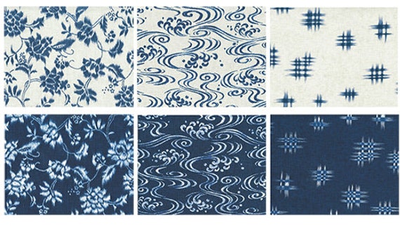 6 Japanese Indigo-Cream Fat Quarter Quilt Fabric Collection: