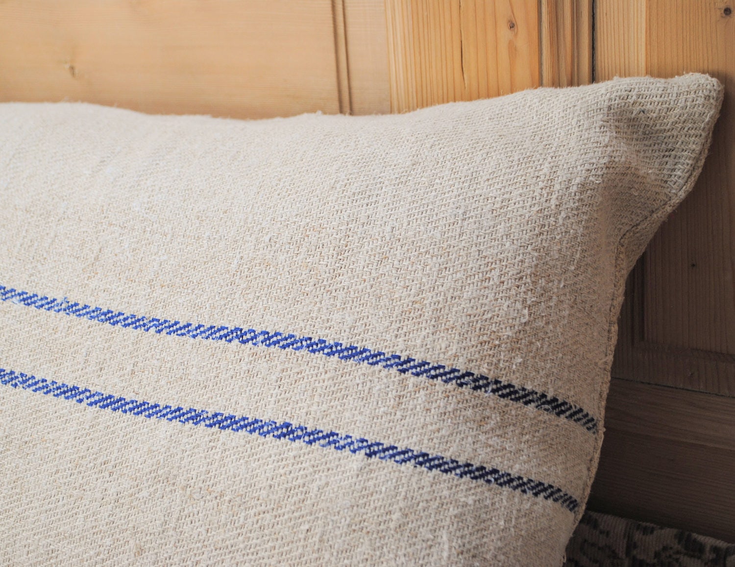 Authentic Grain Sack Body Pillow Sham Blue Stripes / Antique
