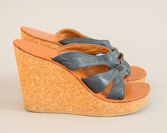 70s Cork Sole Platforms - Vintage Seventies Navy Blue Leather and Tan Cork Wedges Sky High Heels Platform Shoes Sandals Women's 70s Shoes