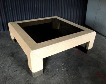 Oversized Lacquered Grass Cloth Glass Coffee Table