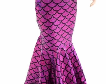Girls Mermaid Skirt in Fuchsia Dragon Scale Full Length, High Waist, Sizes 2T 3T 4T and 5-12