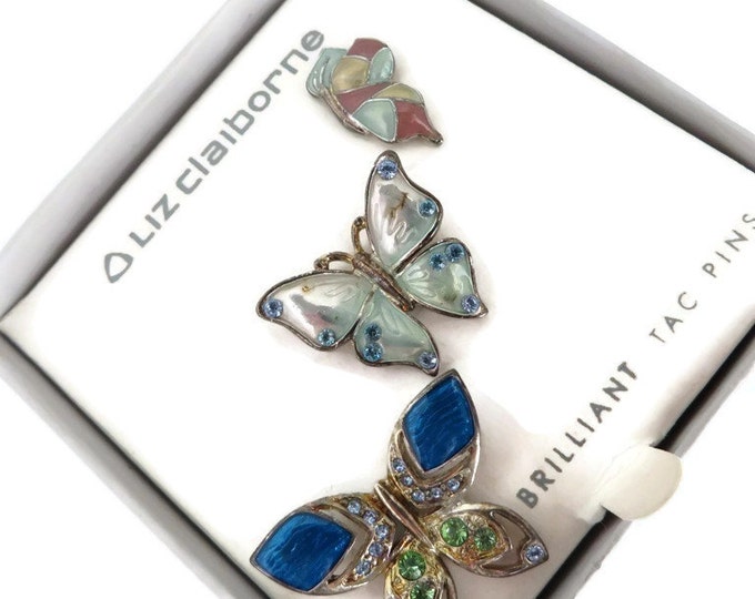 Liz Claiborne Tac Pins, Butterfly Pins, Vintage Enamel and Rhinestone Pins, Free Shipping