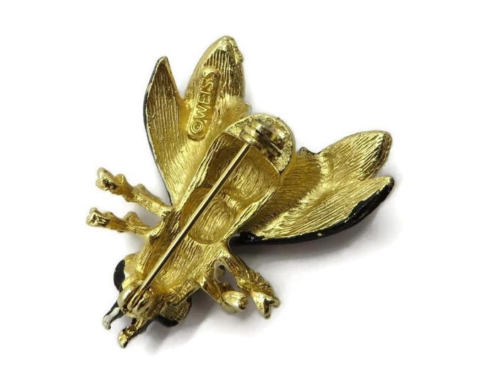 Weiss Bee Brooch, Vintge Black and Cream Enamel Bee Pin, Gold Tone Wasp Brooch
