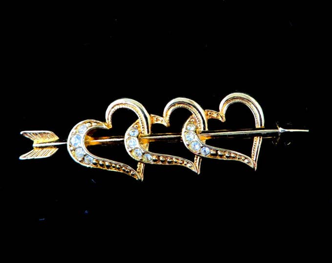 Rhinestone Hearts Brooch, Vintage Pin, Signed Avon Hearts Brooch, Triple Heart and Arrow Rhinestone Studded Pin, Gift for Her