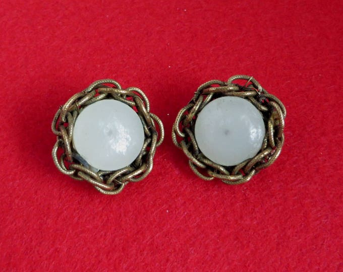 Vintage Miriam Haskell Button Earrings, Mid-Century Designer Braided Brass and Glass Button Clip-ons