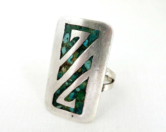 Sterling Silver Shield Ring, Vintage Turquoise Inlay Ring, Ring Native American Statement Ring, Size 9