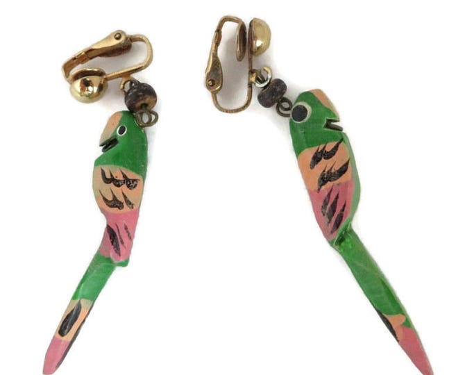 Green Parrot Earrings, Vintage Wood Parrot Dangling Clip on Earrings, Costume Jewelry Gift Idea