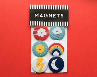 Weather moods fridge magnets; gift packaged set of six different weather magnets. Stocking filler, party bag filler.